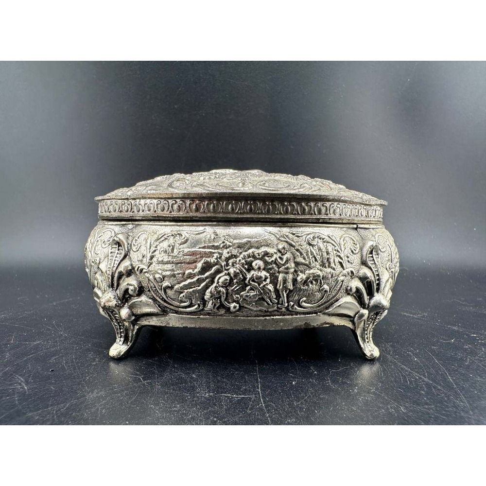 Vintage Ornate Silver Metal Jewelry Box Red Velvet Lining Rose - 056-1 (31)